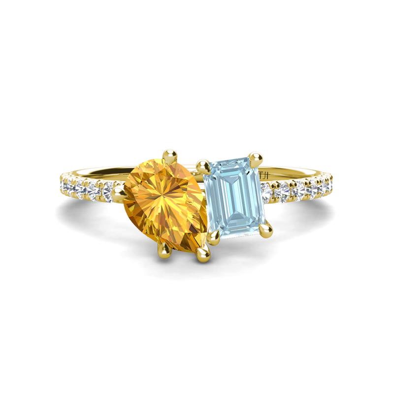 Zahara 9x6 mm Pear Citrine and 7x5 mm Emerald Cut Aquamarine 2 Stone Duo Ring 