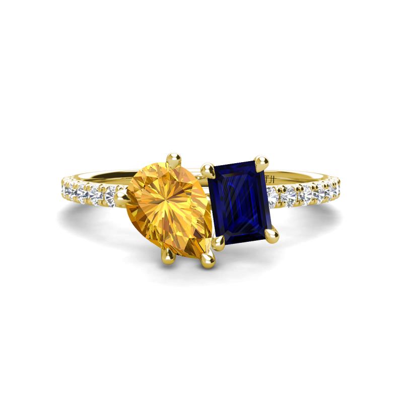 Zahara 9x6 mm Pear Citrine and 7x5 mm Emerald Cut Lab Created Blue Sapphire 2 Stone Duo Ring 