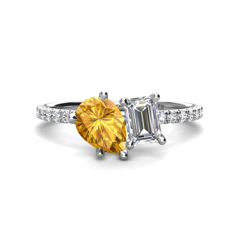 Zahara 9x6 mm Pear Citrine and IGI Certified 7x5 mm Emerald Cut Lab Grown Diamond 2 Stone Duo Ring 