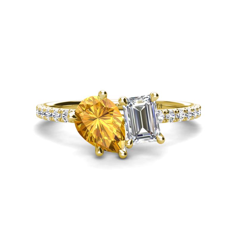 Zahara 9x6 mm Pear Citrine and 7x5 mm Emerald Cut Forever Brilliant Moissanite 2 Stone Duo Ring 
