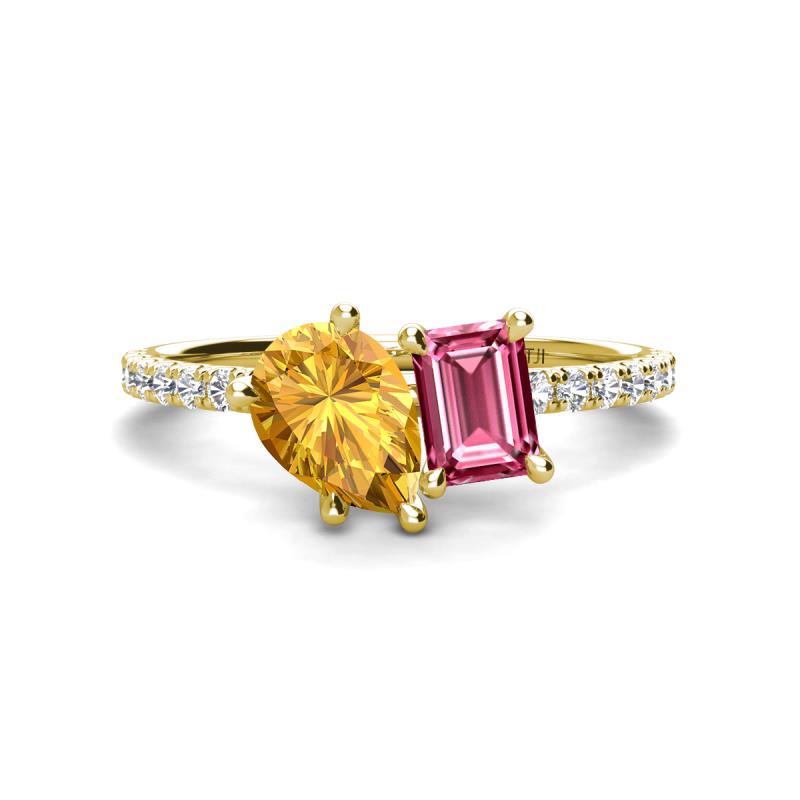 Zahara 9x6 mm Pear Citrine and 7x5 mm Emerald Cut Pink Tourmaline 2 Stone Duo Ring 