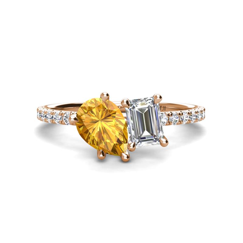 Zahara 9x6 mm Pear Citrine and 7x5 mm Emerald Cut Forever Brilliant Moissanite 2 Stone Duo Ring 