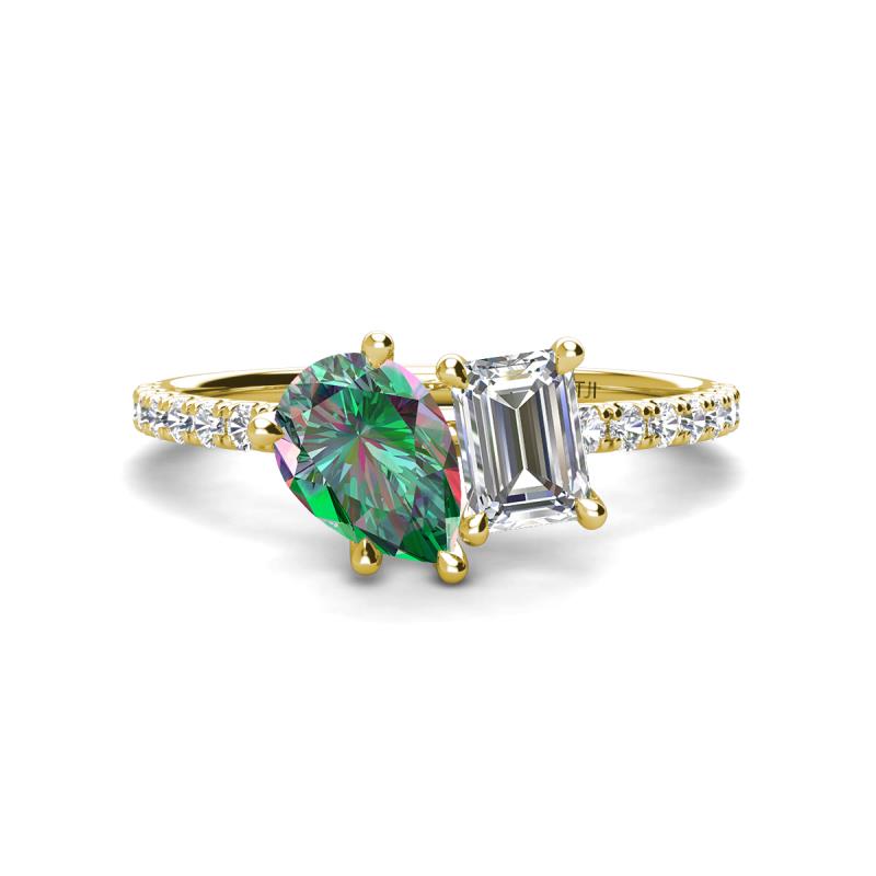 Zahara 9x6 mm Pear Lab Created Alexandrite and 7x5 mm Emerald Cut Forever Brilliant Moissanite 2 Stone Duo Ring 
