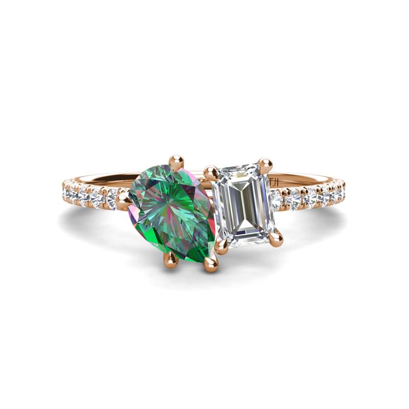 Zahara 9x6 mm Pear Lab Created Alexandrite and 7x5 mm Emerald Cut Forever Brilliant Moissanite 2 Stone Duo Ring 