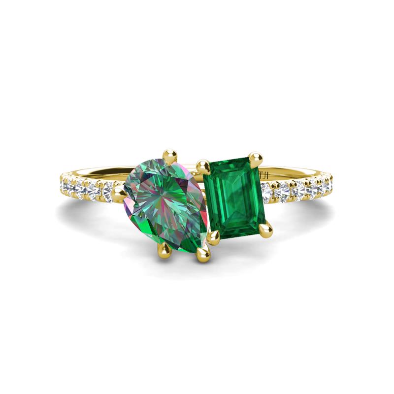Zahara 9x6 mm Pear Lab Created Alexandrite and 7x5 mm Emerald Cut Lab Created Emerald 2 Stone Duo Ring 