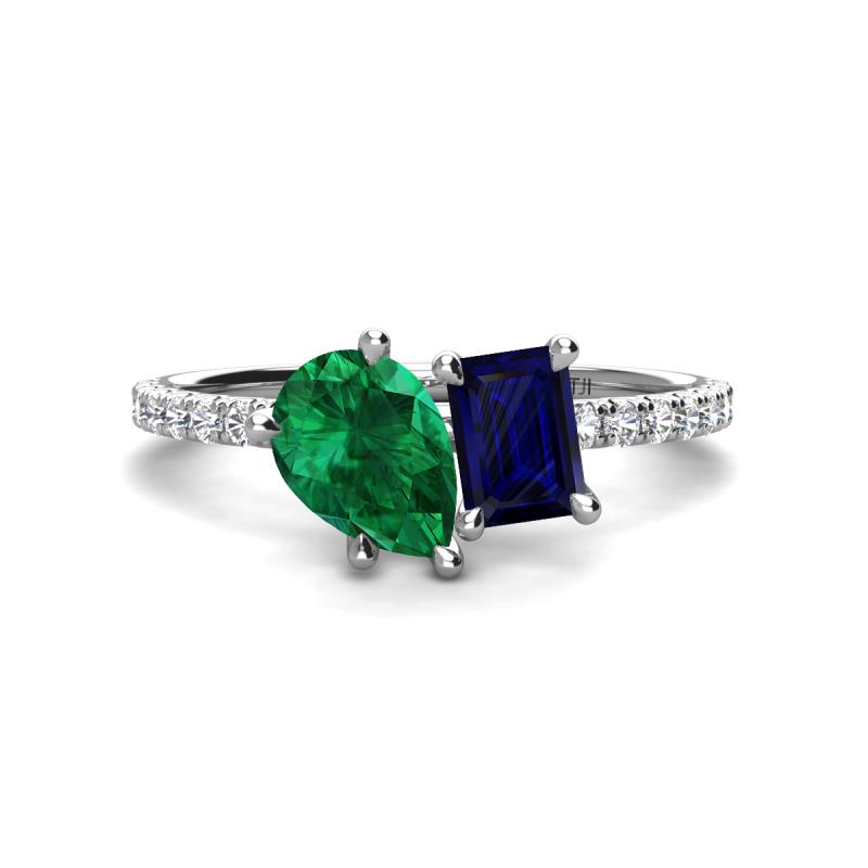 Zahara 9x7 mm Pear Emerald and 7x5 mm Emerald Cut Lab Created Blue Sapphire 2 Stone Duo Ring 