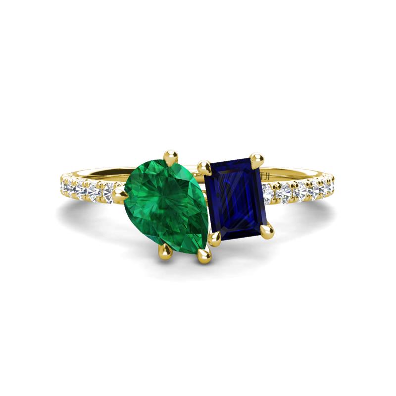 Zahara 9x7 mm Pear Emerald and 7x5 mm Emerald Cut Lab Created Blue Sapphire 2 Stone Duo Ring 
