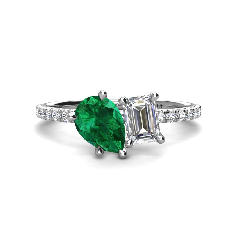 Zahara 9x7 mm Pear Emerald and 7x5 mm Emerald Cut Forever Brilliant Moissanite 2 Stone Duo Ring 