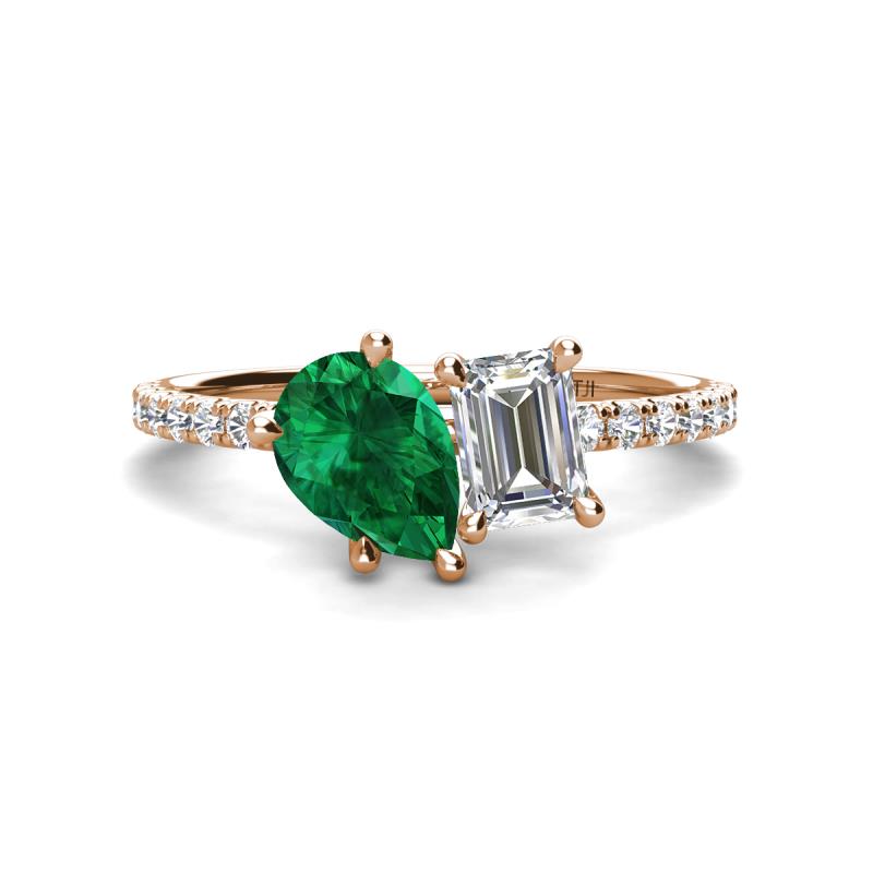 Zahara 9x7 mm Pear Emerald and 7x5 mm Emerald Cut Forever One Moissanite 2 Stone Duo Ring 