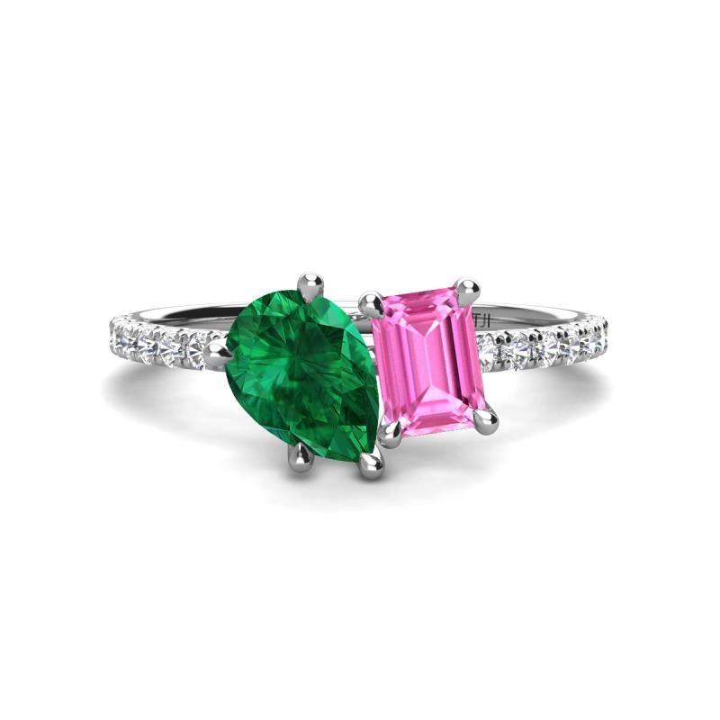 Zahara 9x7 mm Pear Emerald and 7x5 mm Emerald Cut Lab Created Pink Sapphire 2 Stone Duo Ring 
