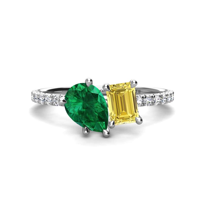 Zahara 9x7 mm Pear Emerald and 7x5 mm Emerald Cut Lab Created Yellow Sapphire 2 Stone Duo Ring 