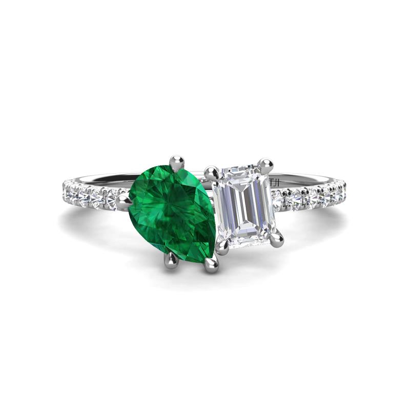Zahara 9x7 mm Pear Emerald and 7x5 mm Emerald Cut White Sapphire 2 Stone Duo Ring 