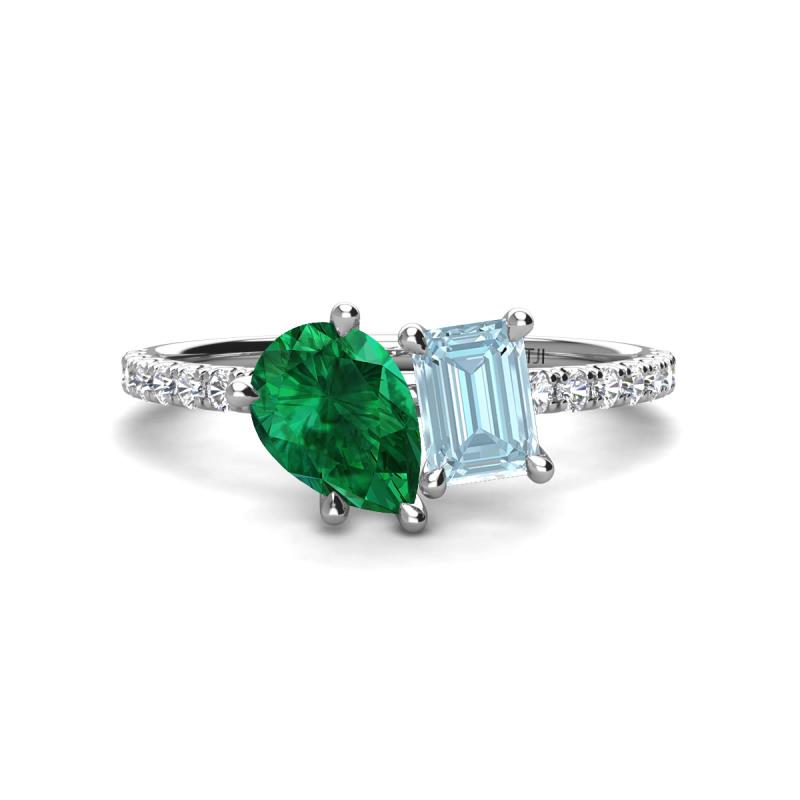 Zahara 9x7 mm Pear Emerald and 7x5 mm Emerald Cut Aquamarine 2 Stone Duo Ring 
