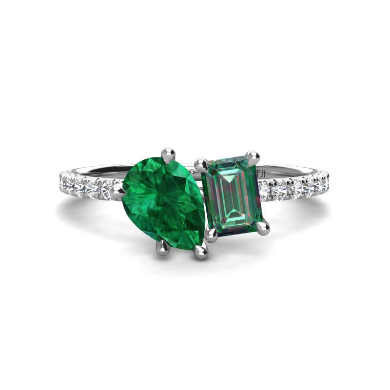 Zahara 9x7 mm Pear Emerald and 7x5 mm Emerald Cut Lab Created Alexandrite 2 Stone Duo Ring 