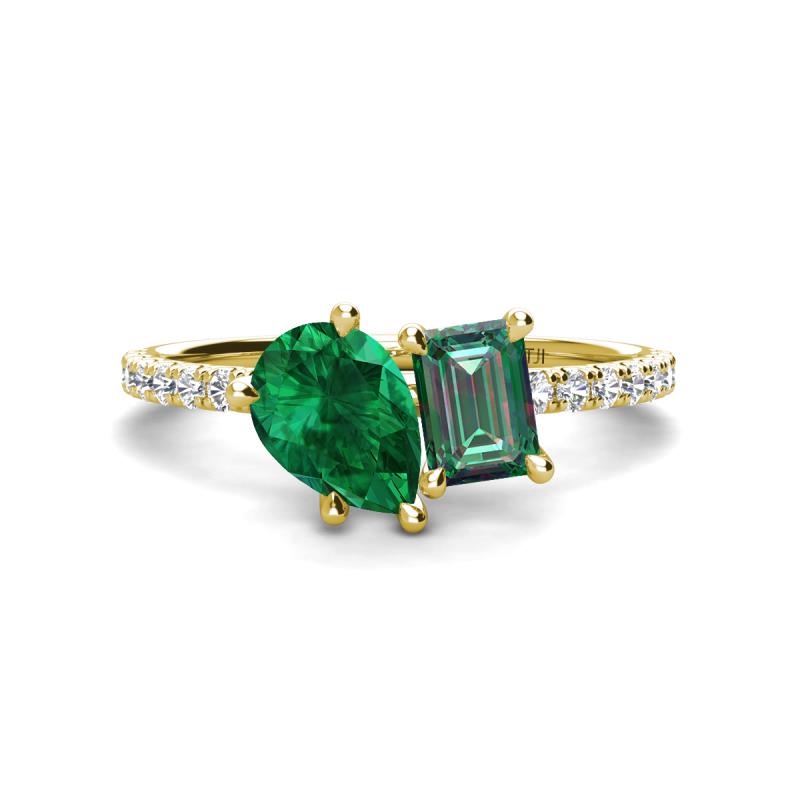 Zahara 9x7 mm Pear Emerald and 7x5 mm Emerald Cut Lab Created Alexandrite 2 Stone Duo Ring 