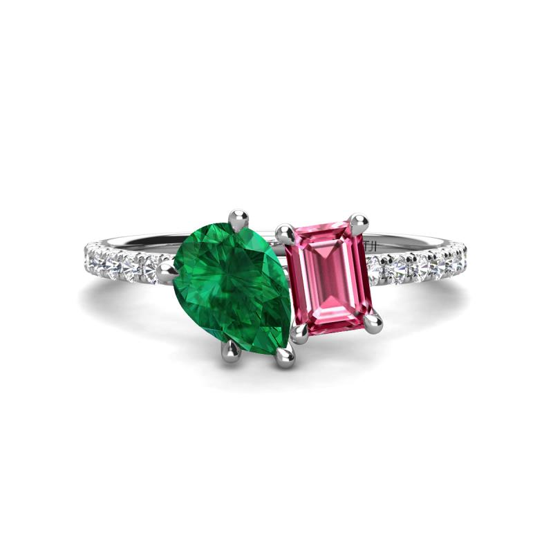 Zahara 9x7 mm Pear Emerald and 7x5 mm Emerald Cut Pink Tourmaline 2 Stone Duo Ring 