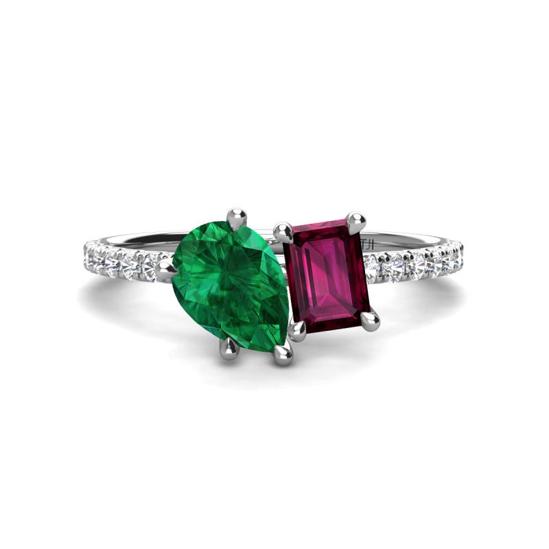 Zahara 9x7 mm Pear Emerald and 7x5 mm Emerald Cut Rhodolite Garnet 2 Stone Duo Ring 