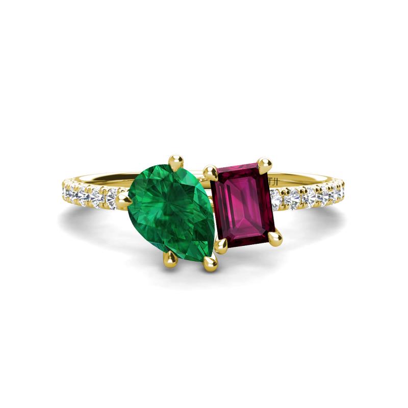 Zahara 9x7 mm Pear Emerald and 7x5 mm Emerald Cut Rhodolite Garnet 2 Stone Duo Ring 