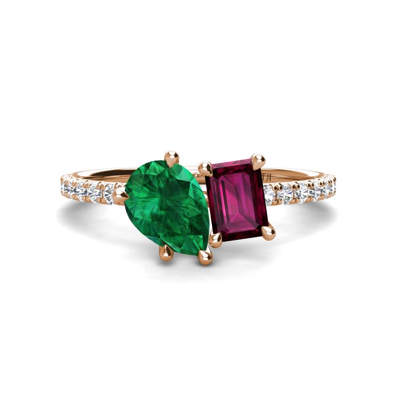 Zahara 9x7 mm Pear Emerald and 7x5 mm Emerald Cut Rhodolite Garnet 2 Stone Duo Ring 