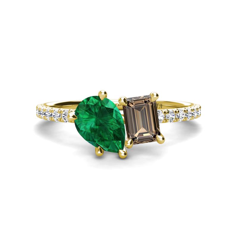 Zahara 9x7 mm Pear Emerald and 7x5 mm Emerald Cut Smoky Quartz 2 Stone Duo Ring 