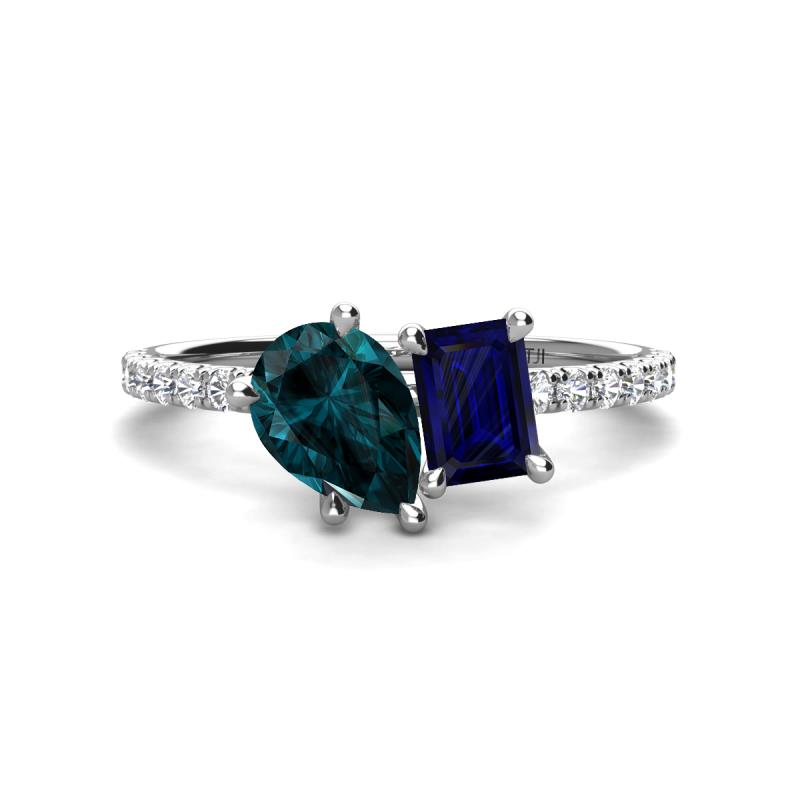 Zahara 9x6 mm Pear London Blue Topaz and 7x5 mm Emerald Cut Lab Created Blue Sapphire 2 Stone Duo Ring 