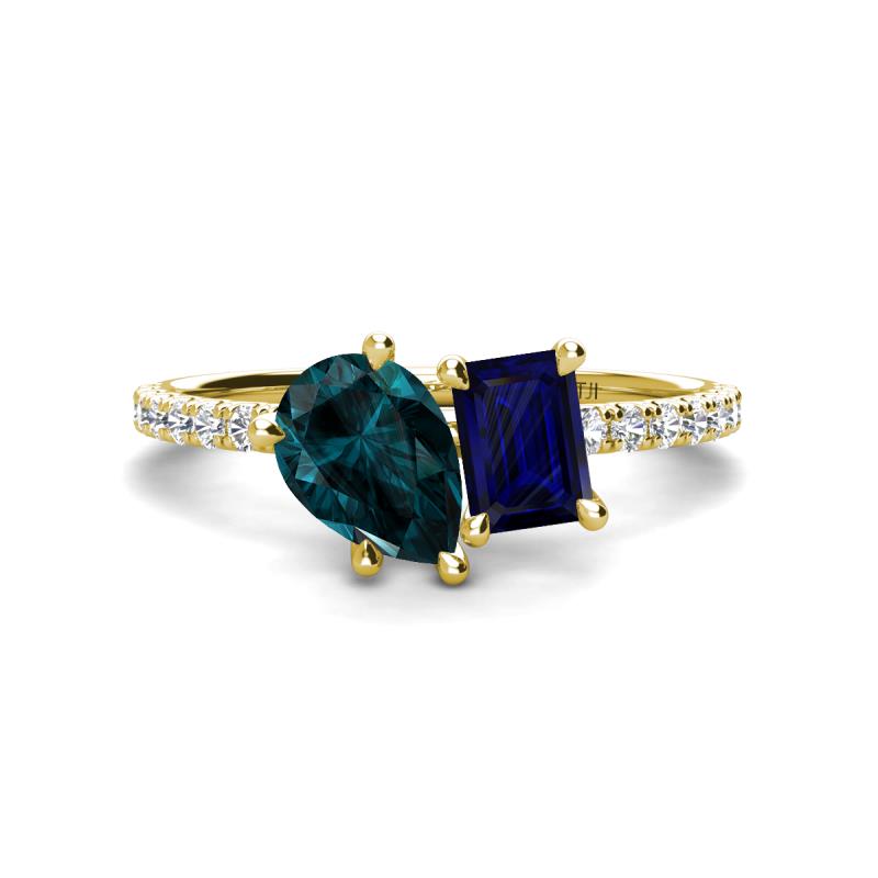 Zahara 9x6 mm Pear London Blue Topaz and 7x5 mm Emerald Cut Lab Created Blue Sapphire 2 Stone Duo Ring 