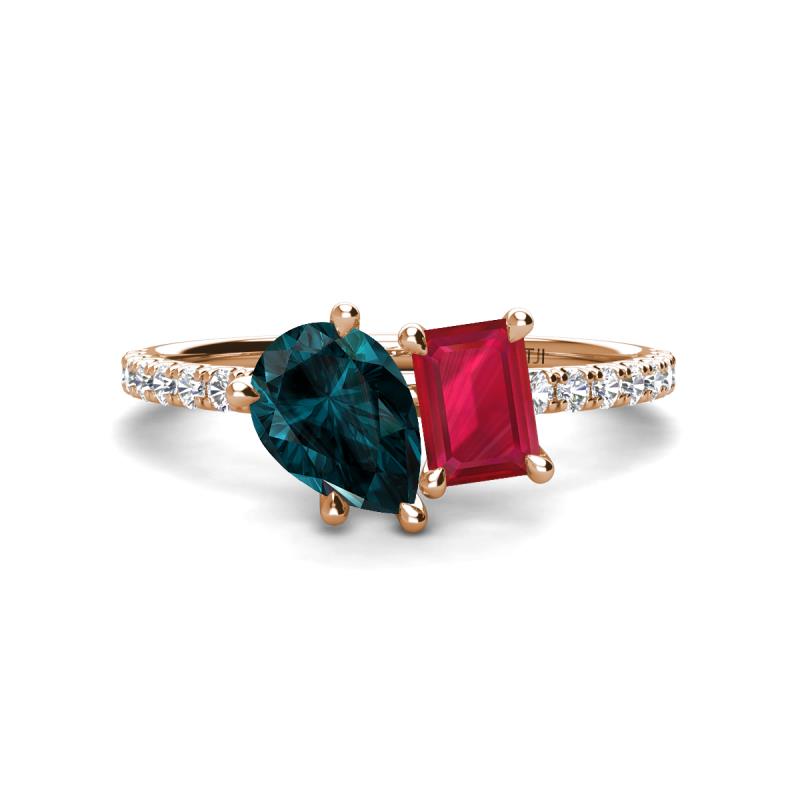 Zahara 9x6 mm Pear London Blue Topaz and 7x5 mm Emerald Cut Lab Created Ruby 2 Stone Duo Ring 