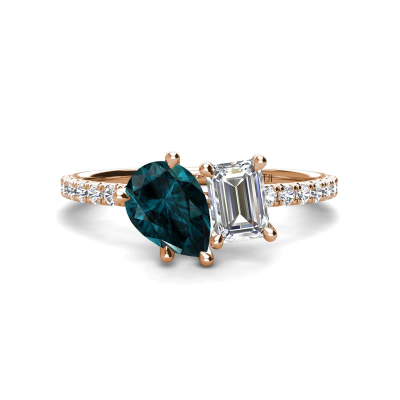 Zahara 9x6 mm Pear London Blue Topaz and 7x5 mm Emerald Cut Forever One Moissanite 2 Stone Duo Ring 