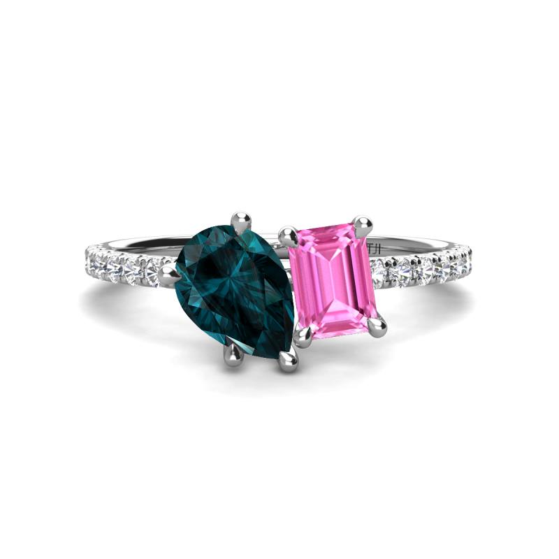 Zahara 9x6 mm Pear London Blue Topaz and 7x5 mm Emerald Cut Lab Created Pink Sapphire 2 Stone Duo Ring 