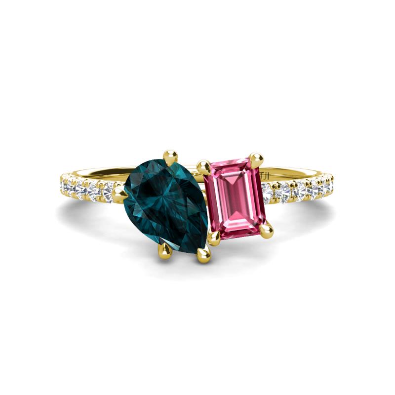 Zahara 9x6 mm Pear London Blue Topaz and 7x5 mm Emerald Cut Pink Tourmaline 2 Stone Duo Ring 