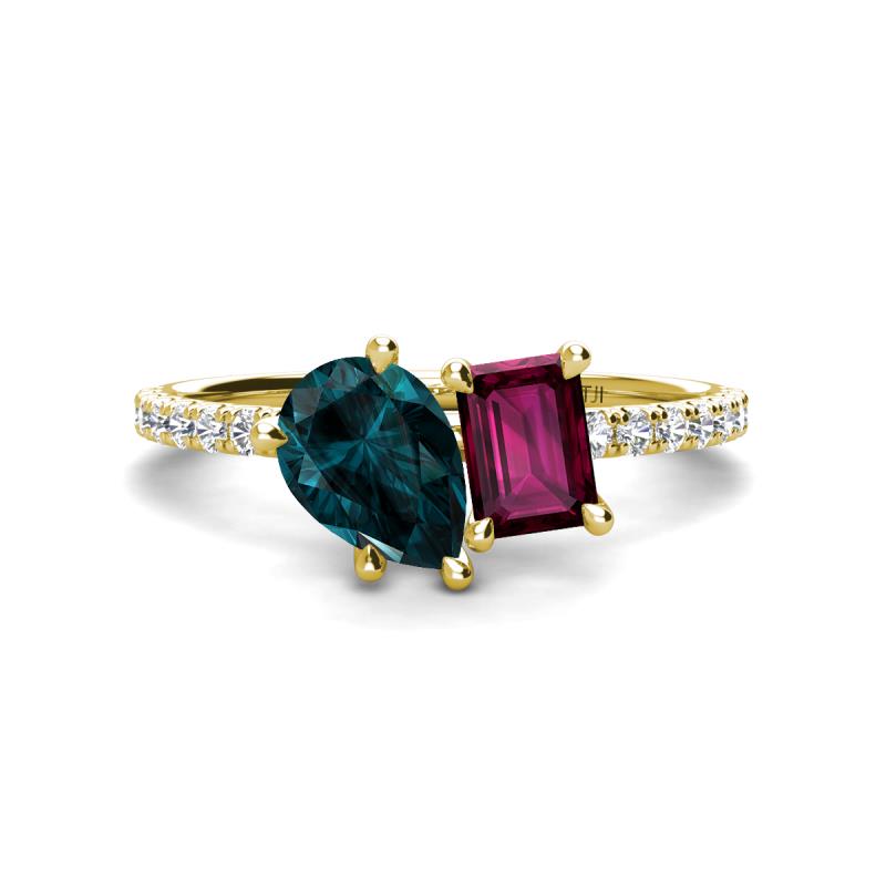 Zahara 9x6 mm Pear London Blue Topaz and 7x5 mm Emerald Cut Rhodolite Garnet 2 Stone Duo Ring 