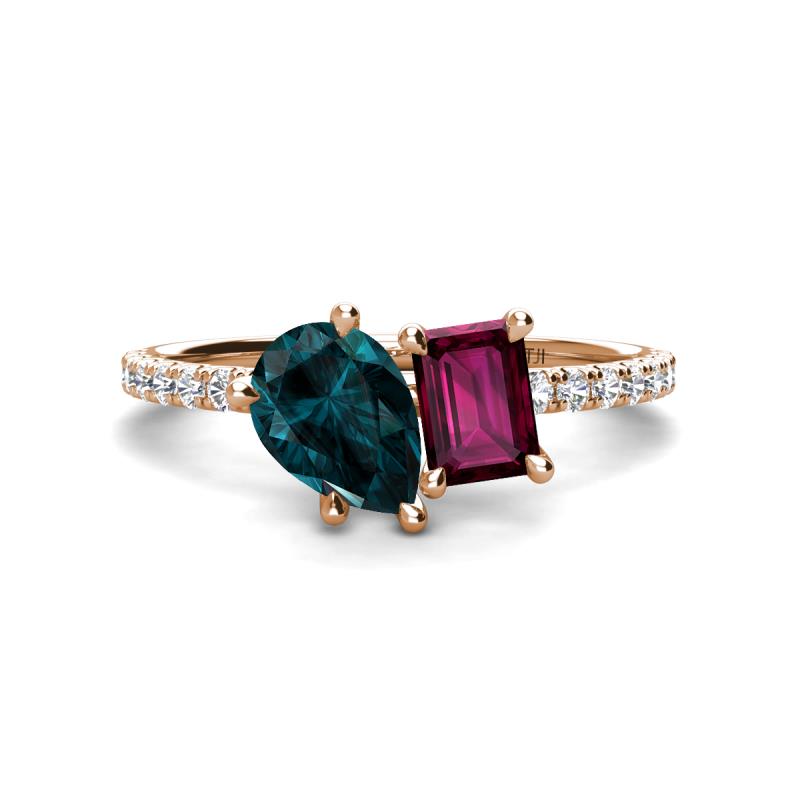 Zahara 9x6 mm Pear London Blue Topaz and 7x5 mm Emerald Cut Rhodolite Garnet 2 Stone Duo Ring 