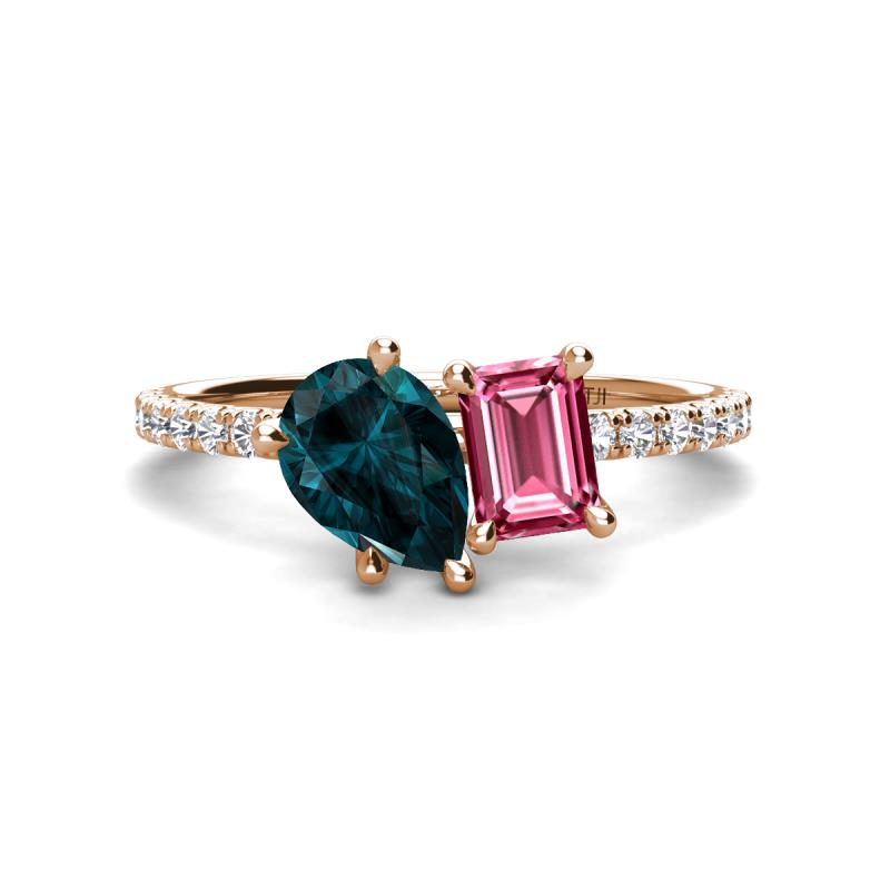 Zahara 9x6 mm Pear London Blue Topaz and 7x5 mm Emerald Cut Pink Tourmaline 2 Stone Duo Ring 