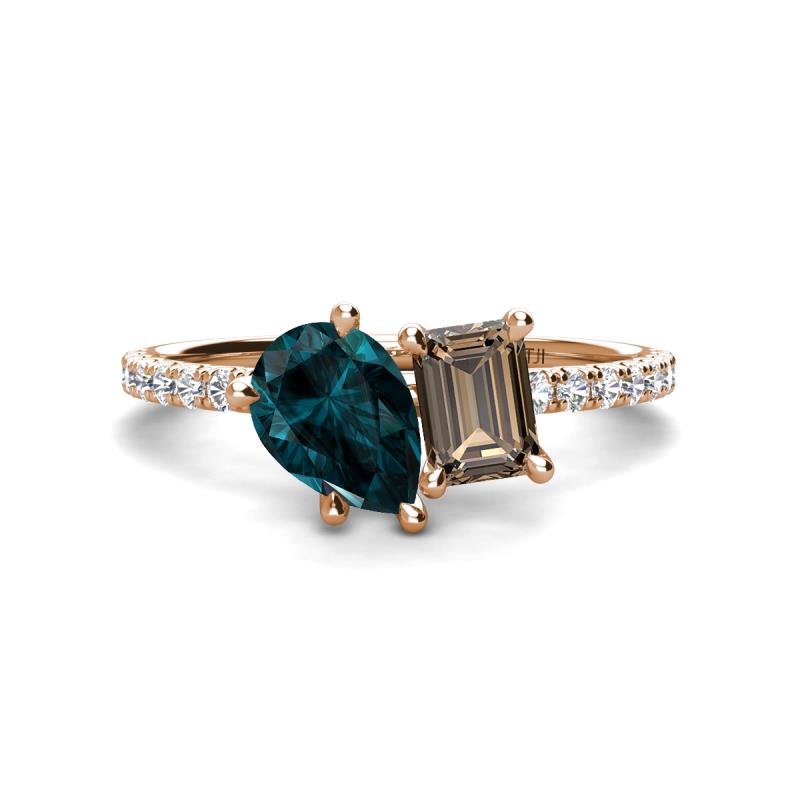 Zahara 9x6 mm Pear London Blue Topaz and 7x5 mm Emerald Cut Smoky Quartz 2 Stone Duo Ring 