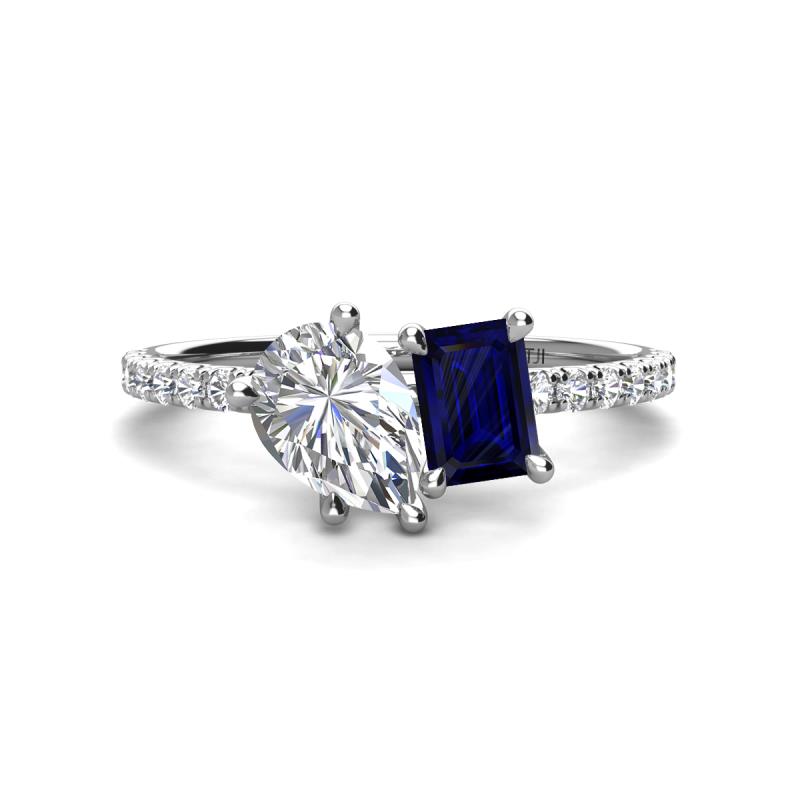 Zahara 9x6 mm Pear Forever Brilliant Moissanite and 7x5 mm Emerald Cut Lab Created Blue Sapphire 2 Stone Duo Ring 