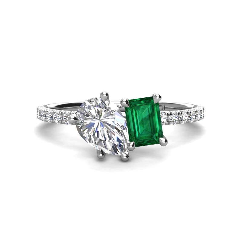 Zahara 9x6 mm Pear Forever Brilliant Moissanite and 7x5 mm Emerald Cut Lab Created Emerald 2 Stone Duo Ring 