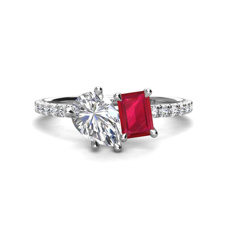 Zahara 9x6 mm Pear Forever Brilliant Moissanite and 7x5 mm Emerald Cut Lab Created Ruby 2 Stone Duo Ring 