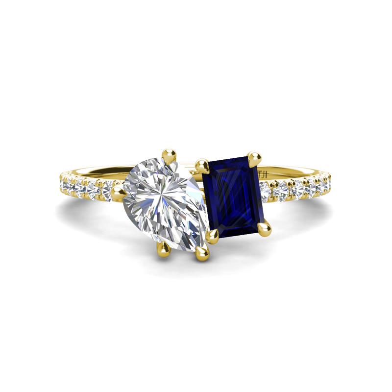 Zahara 9x6 mm Pear Forever One Moissanite and 7x5 mm Emerald Cut Lab Created Blue Sapphire 2 Stone Duo Ring 