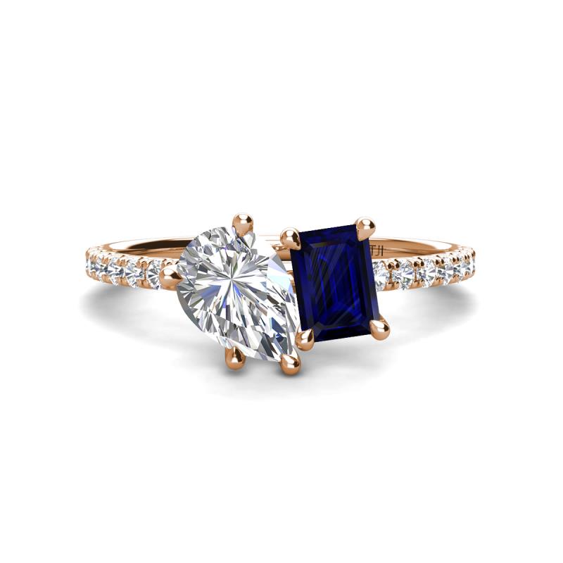 Zahara 9x6 mm Pear Forever One Moissanite and 7x5 mm Emerald Cut Lab Created Blue Sapphire 2 Stone Duo Ring 
