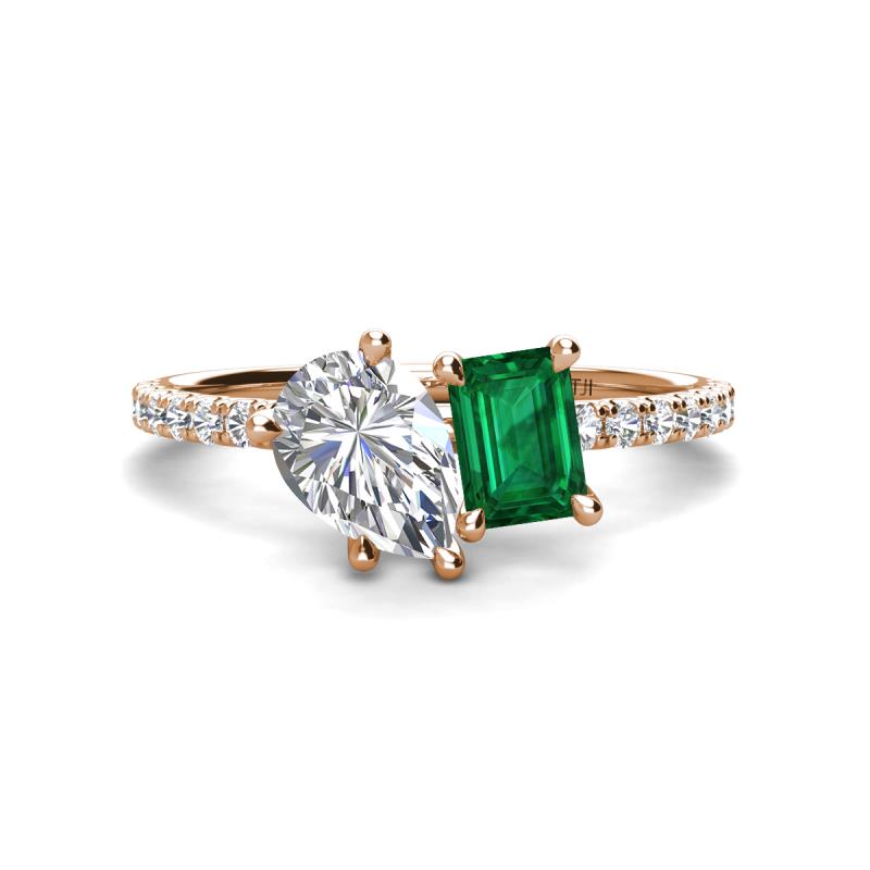 Zahara 9x6 mm Pear Forever One Moissanite and 7x5 mm Emerald Cut Lab Created Emerald 2 Stone Duo Ring 