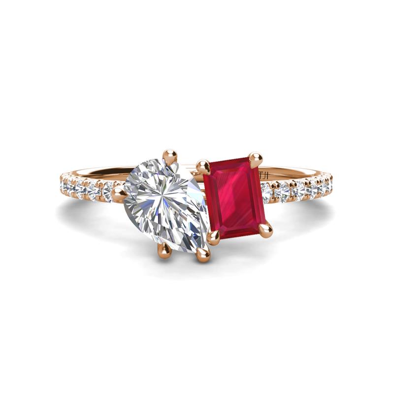 Zahara 9x6 mm Pear Forever One Moissanite and 7x5 mm Emerald Cut Lab Created Ruby 2 Stone Duo Ring 