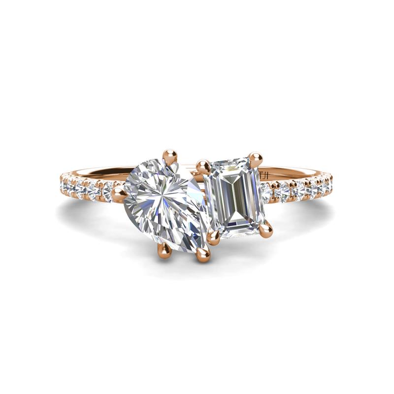 Zahara 9x6 mm Pear Forever One Moissanite and GIA Certified 7x5 mm Emerald Cut Diamond 2 Stone Duo Ring 
