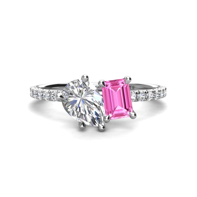 Zahara 9x6 mm Pear Forever Brilliant Moissanite and 7x5 mm Emerald Cut Lab Created Pink Sapphire 2 Stone Duo Ring 