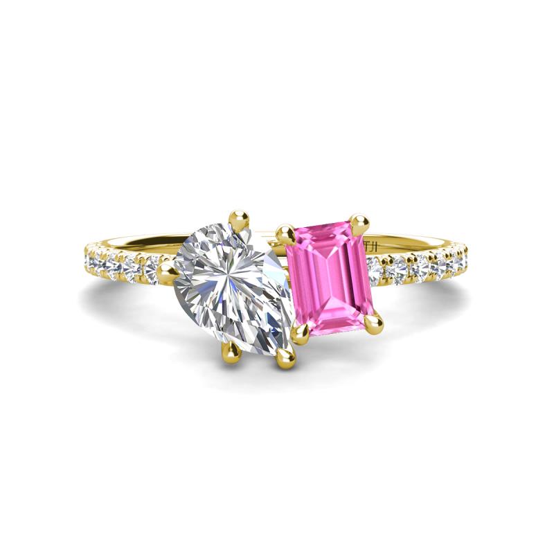 Zahara 9x6 mm Pear Forever One Moissanite and 7x5 mm Emerald Cut Lab Created Pink Sapphire 2 Stone Duo Ring 