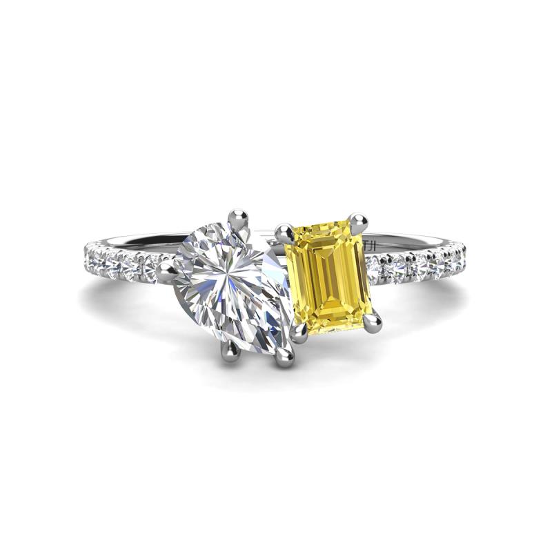 Zahara 9x6 mm Pear Forever Brilliant Moissanite and 7x5 mm Emerald Cut Lab Created Yellow Sapphire 2 Stone Duo Ring 