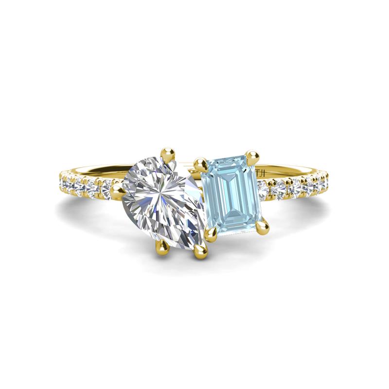 Zahara 9x6 mm Pear Forever One Moissanite and 7x5 mm Emerald Cut Aquamarine 2 Stone Duo Ring 