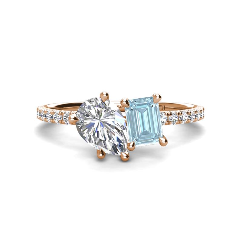 Zahara 9x6 mm Pear Forever One Moissanite and 7x5 mm Emerald Cut Aquamarine 2 Stone Duo Ring 