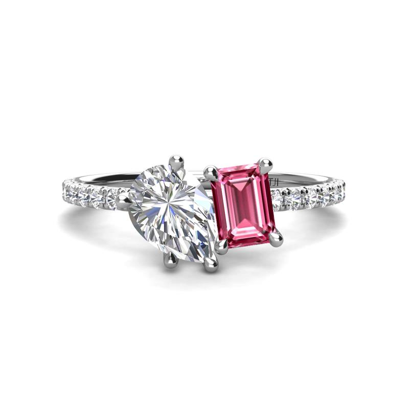 Zahara 9x6 mm Pear Forever Brilliant Moissanite and 7x5 mm Emerald Cut Pink Tourmaline 2 Stone Duo Ring 