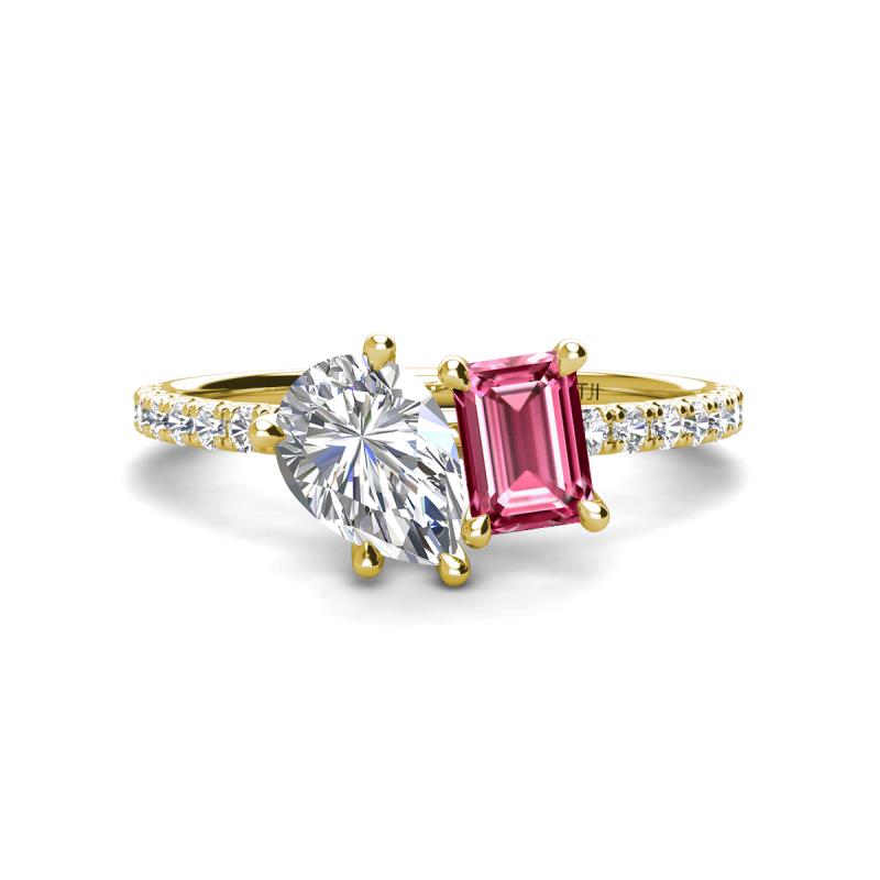 Zahara 9x6 mm Pear Forever One Moissanite and 7x5 mm Emerald Cut Pink Tourmaline 2 Stone Duo Ring 