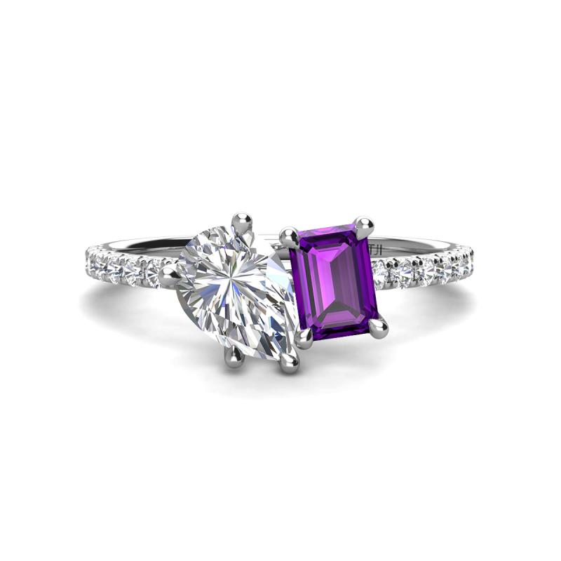 Zahara 9x6 mm Pear Forever Brilliant Moissanite and 7x5 mm Emerald Cut Amethyst 2 Stone Duo Ring 